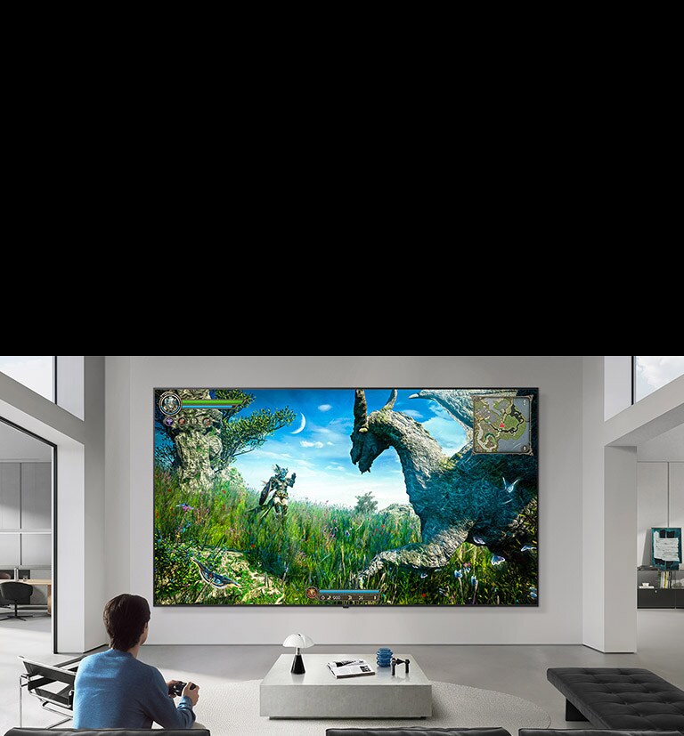 تلفزيون LG TV يظهر مثبتًا على جدار في غرفة معيشة باللونين الأبيض والأسود، ويعرض مشهد لعبة خيالية على شاشة كبيرة بينما يجلس شخص على أريكة تحمل وحدة تحكم.