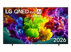 يُظهر المنظر الأمامي لتلفزيون LG QNED evo AI Mini LED QNED90، إصدار 2026، الشاشة وهي تمتلئ بانفجارات لونية نابضة وانسيابية تحاكي حركة الطلاء متعدد الألوان، بينما تمتزج سحب كثيفة من الألوان بسلاسة تامة عبر كامل الشاشة.