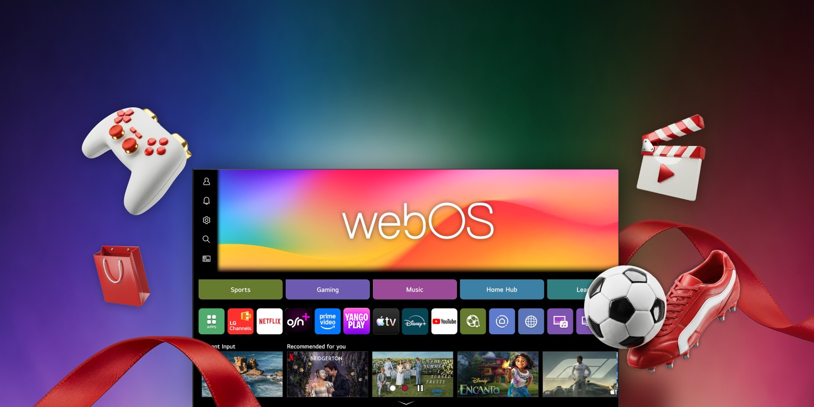 يعرض LG webOS عروض بث خاصة مبرزة على خلفية نابضة بالحياة، إلى جانب فئات الرياضة والألعاب والموسيقى وأيقونات ترويجية.