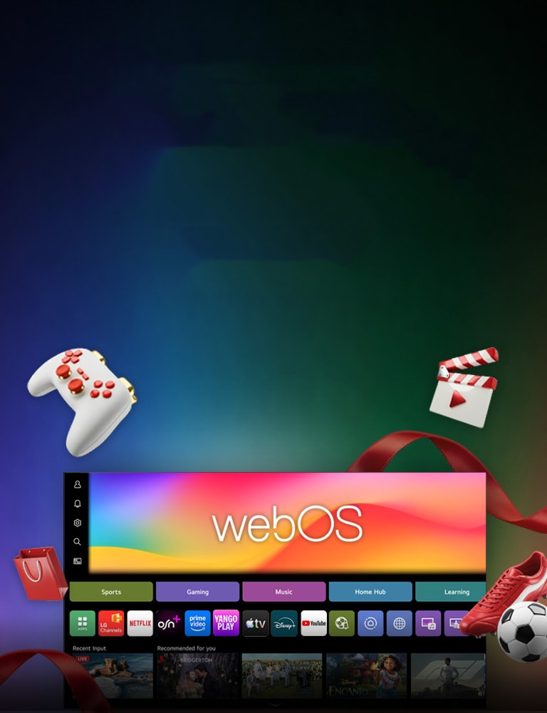 يعرض LG webOS عروض بث خاصة مبرزة على خلفية نابضة بالحياة، إلى جانب فئات الرياضة والألعاب والموسيقى وأيقونات ترويجية.