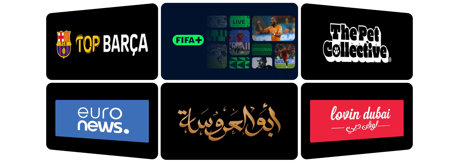 ست صور مصغرة للعرض التلفزيوني معروضة على الشاشة، تمثل مجموعة متنوعة من LG Channels، بما في ذلك الرياضة والأخبار وترفيه الأطفال وبرامج نمط الحياة.