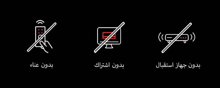 تظهر الصورة ثلاث أيقونات على خلفية سوداء: جهاز تحكم عن بُعد مشطوب عليه يحمل عبارة "بدون عناء"، وجهاز كمبيوتر مشطوب عليه يحمل عبارة "بدون اشتراك"، وجهاز استقبال مشطوب عليه يحمل عبارة "بدون جهاز استقبال".