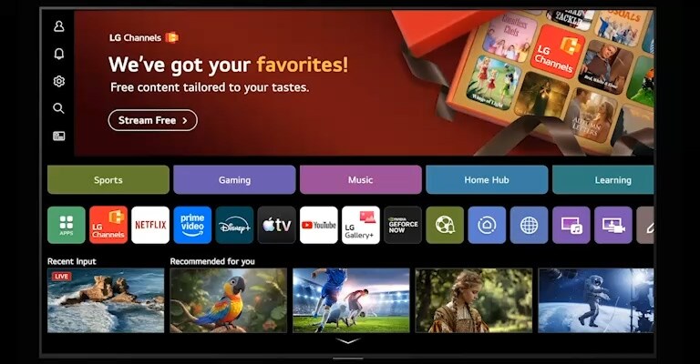 تعرض الشاشة الرئيسية لـ LG Channels فئات متنوعة على تلفزيون LG، بما في ذلك 'الرياضة' و'الألعاب' و'الموسيقى' و'Home Hub' و'التعلم'، بالإضافة إلى أقسام للمحتوى الموصى به للمشاهدين.