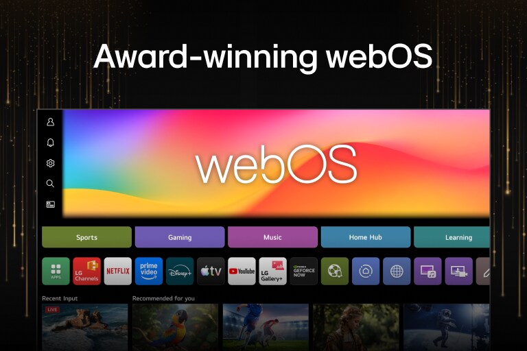 تعرض واجهة LG webOS فئات محتوى متنوعة مثل "الرياضة" و"الألعاب"، وتدعو المستخدمين إلى استكشاف الترفيه على المنصة الحائزة على جوائز.