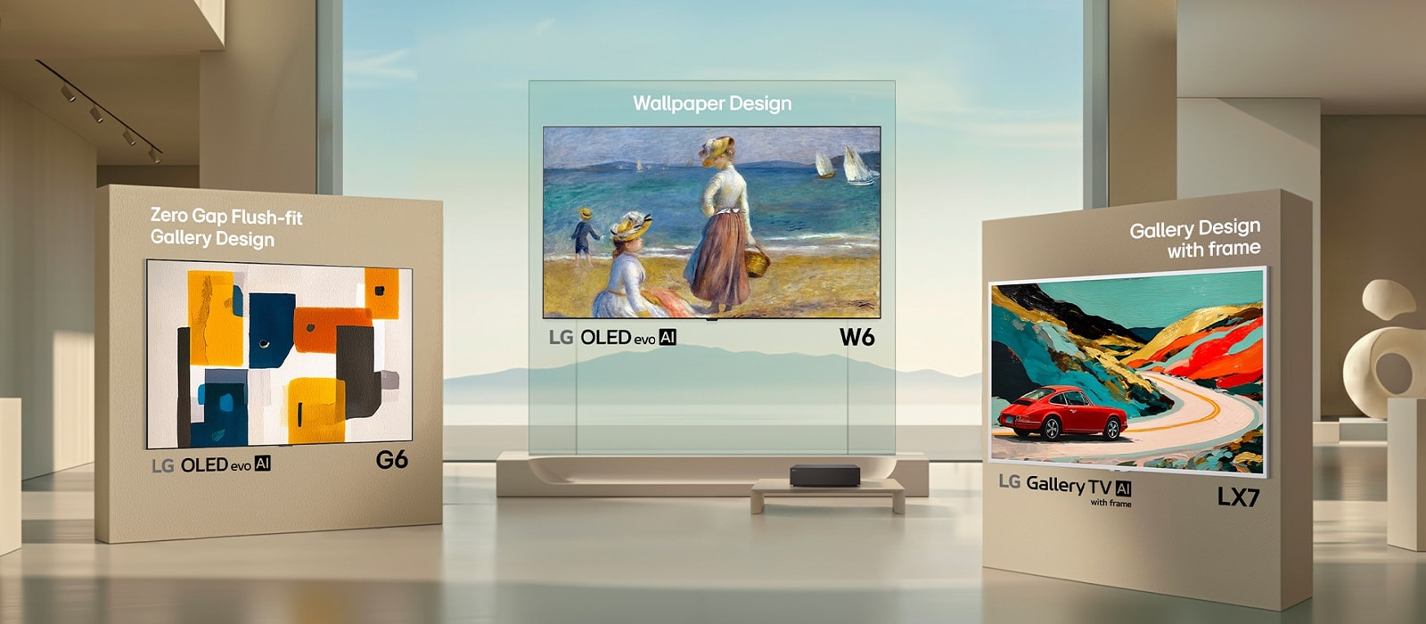 يظهر تلفزيون LG Gallery في غرفة معيشة مريحة، بإطار أبيض نحيف، ويعرض عملا فنيا على الشاشة، مندمجا بسلاسة مع الديكور الداخلي كقطعة فنية مؤطرة في معرض.