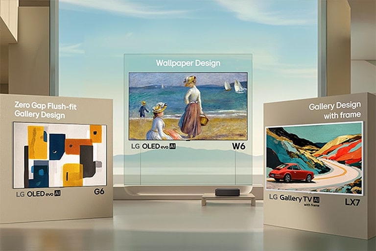 يظهر تلفزيون LG Gallery في غرفة معيشة مريحة، بإطار أبيض نحيف، ويعرض عملا فنيا على الشاشة، مندمجا بسلاسة مع الديكور الداخلي كقطعة فنية مؤطرة في معرض.