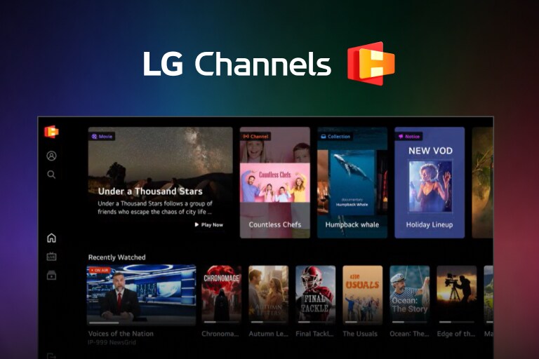 تتميز واجهة LG Channels الرئيسية بتصميم جذاب بصريًا، يعرض مجموعة مختارة من المحتوى الذي تمت مشاهدته مؤخرًا والعناوين المميزة.