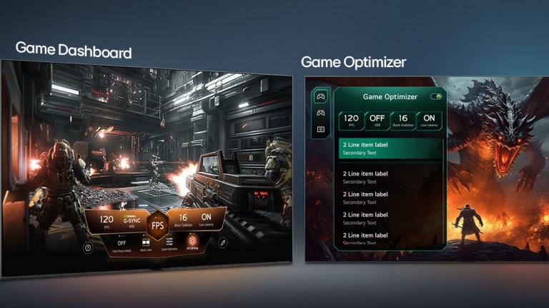 يعرض LG Game Dashboard و Optimizer شاشات ألعاب متجاورة وقائمة على الشاشة لضبط إعدادات اللعب مثل معدل التحديث وزمن الاستجابة وأوضاع الصورة في الوقت الفعلي.