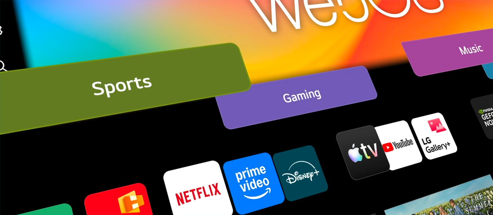 واجهة تلفزيون LG Smart TV الذكي تتميز بمربعات متحركة للفئات تنتقل بسلاسة إلى شاشة webOS الرئيسية، مما يعرض الوصول إلى المحتوى المخصص من خلال مركز ذكي موحد.