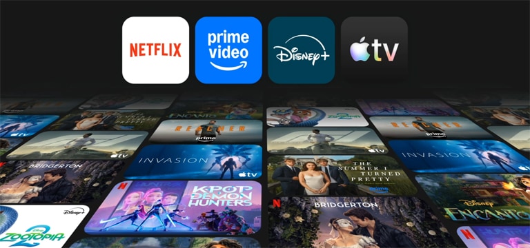 تسلسل متحرك يعرض شعارات Netflix وPrime Video وDisney+ وApple TV+ التي تطفو فوق مجموعة ديناميكية من البرامج التلفزيونية الناجحة، مما يسلط الضوء على وصول تلفزيون LG Smart TV الذكي إلى منصات البث العالمية وتجربة المشاهدة الغامرة.