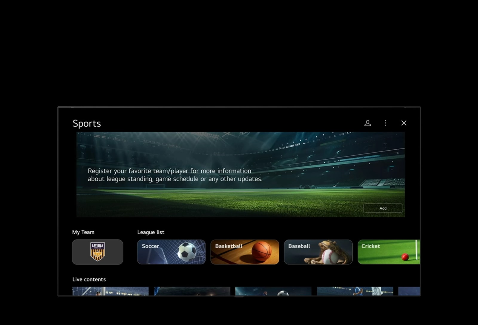 تعرض شاشة إعدادات تلفزيون LG واجهة Sports Portal. يتوسع قسم "My Team" وينكمش بشكل ديناميكي، ثم يتم التمرير بسلاسة إلى أسفل عبر مجموعة متنوعة من القنوات والمحتوى الرياضي القابل للاختيار.