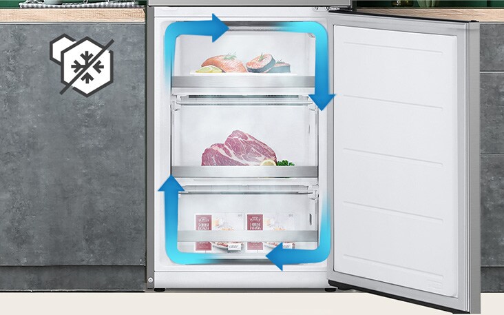 مُبرِّد مقاوم للتجمُّد مع تبريد متساوٍ وتدوير الهواء البارد للحفاظ على الطعام طازجًا في جميع الزوايا.