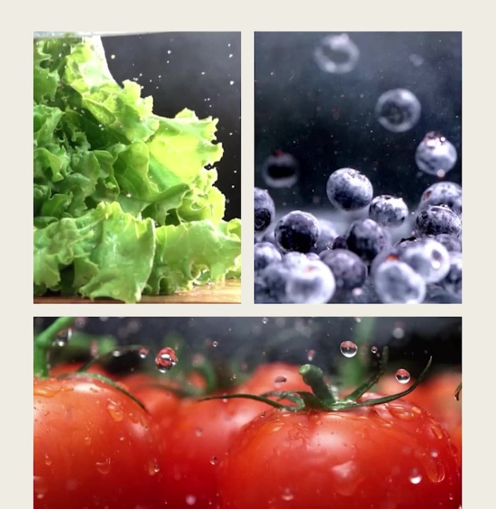 صورة لخس أخضر مقرمش بجوار صورة طماطم حمراء طازجة، وصورة ساطعة بتوت أزرق.
