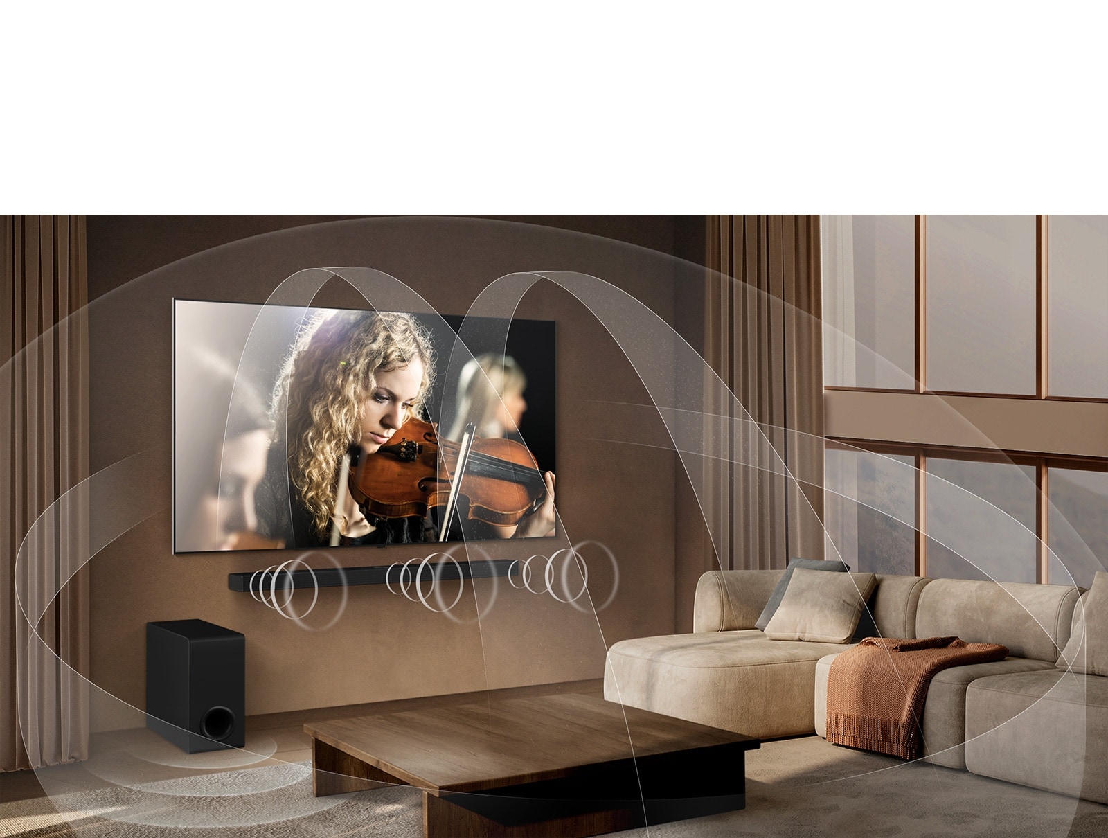 غرفة معيشة بها تلفزيون LG OLED TV ومكبر الصوت LG Soundbar مع رسومات توضح كيف يملأ كلا الجهازين المساحة بصوت متعدد الأغراض.