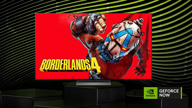 تلفزيون LG TV مع أيقونة لعبة شائعة على شاشته. شعار NVIDIA GeForce NOW مرئي.