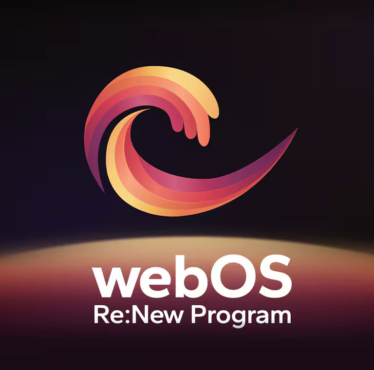 شعار webOS Re:New Program موجود على خلفية سوداء مع كرة دائرية باللونين الأصفر والبرتقالي والأرجواني في الأسفل.