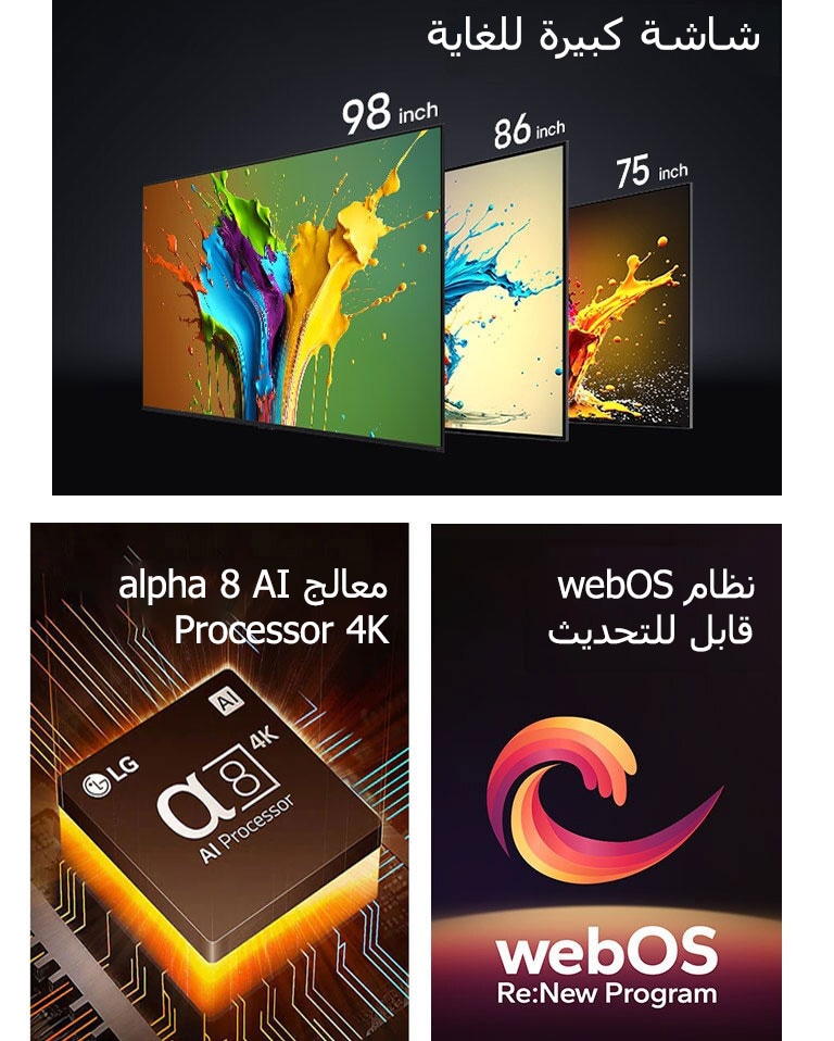يتم عرض تلفزيونات LG QNED89، وQNED90، وQNED99 بالترتيب من اليسار إلى اليمين. يعرض كل تلفزيون نثرة من الألوان وتظهر عبارة "شاشة كبير للغاية" فوق أجهزة التلفزيون. يظهر معالج alpha 8 AI Processor 4K مع ضوء برتقالي ينبعث من الأسفل. يظهر شكل حلزوني باللون الأحمر والأصفر والبنفسجي بين العبارتين "webOS القابل للترقية" و"webOS Re:New Program".