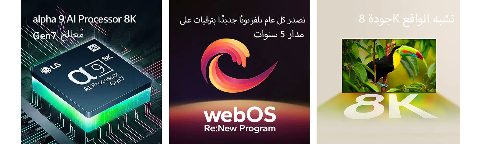يظهر معالج alpha 9 AI Processor 8K Gen7 مع ضوء أخضر ينبعث من الأسفل. يظهر شكل حلزوني باللون الأحمر والأصفر والبنفسجي بين العبارتين "webOS القابل للترقية" و"webOS Re:New Program". يتم عرض تلفزيونات LG QNED89، وQNED90، وQNED99 بالترتيب من اليسار إلى اليمين. يعرض كل تلفزيون نثرة من الألوان وتظهر عبارة "تلفزيون كبير للغاية" فوق أجهزة التلفزيون.