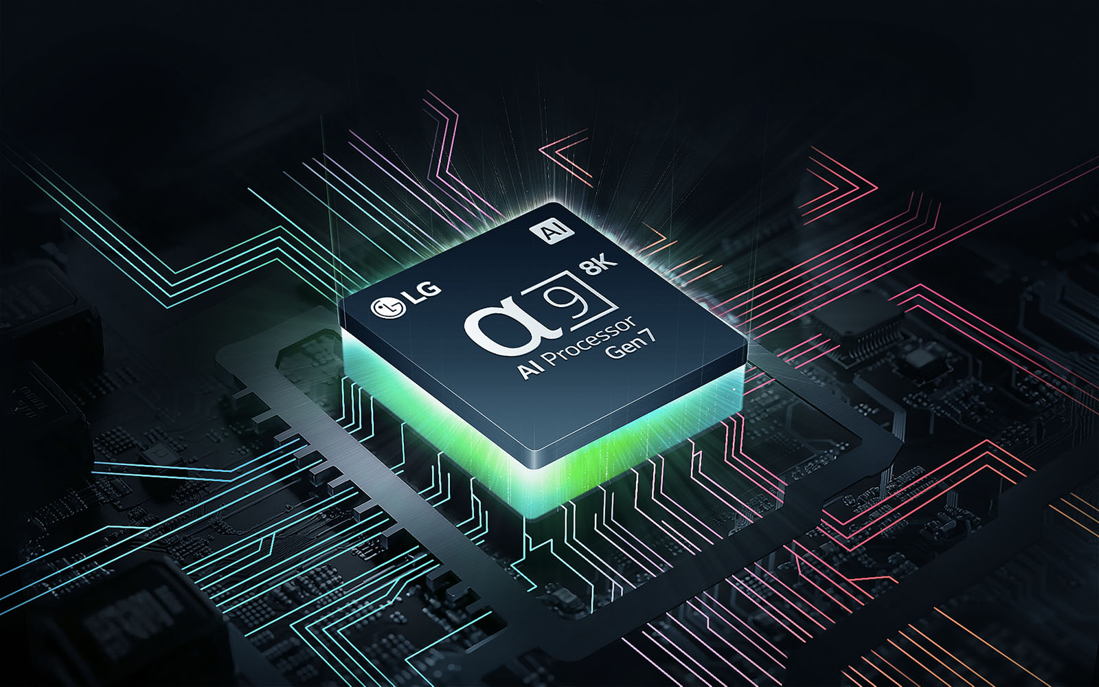 يظهر معالج alpha 9 AI Processor 8K Gen7 من LG مع ضوء أخضر ينبعث من أسفله، وخطوط لوحة دوائر ملونة تتفرع من معالج AI Processor.