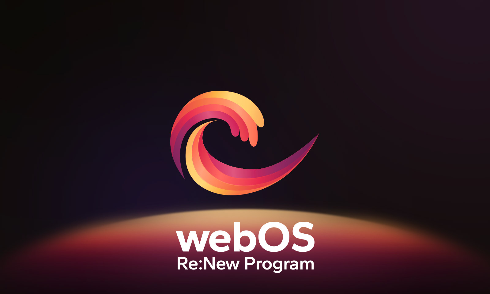 شعار webOS Re:New Program موجود على خلفية سوداء مع كرة دائرية باللونين الأصفر والبرتقالي والأرجواني في الأسفل.