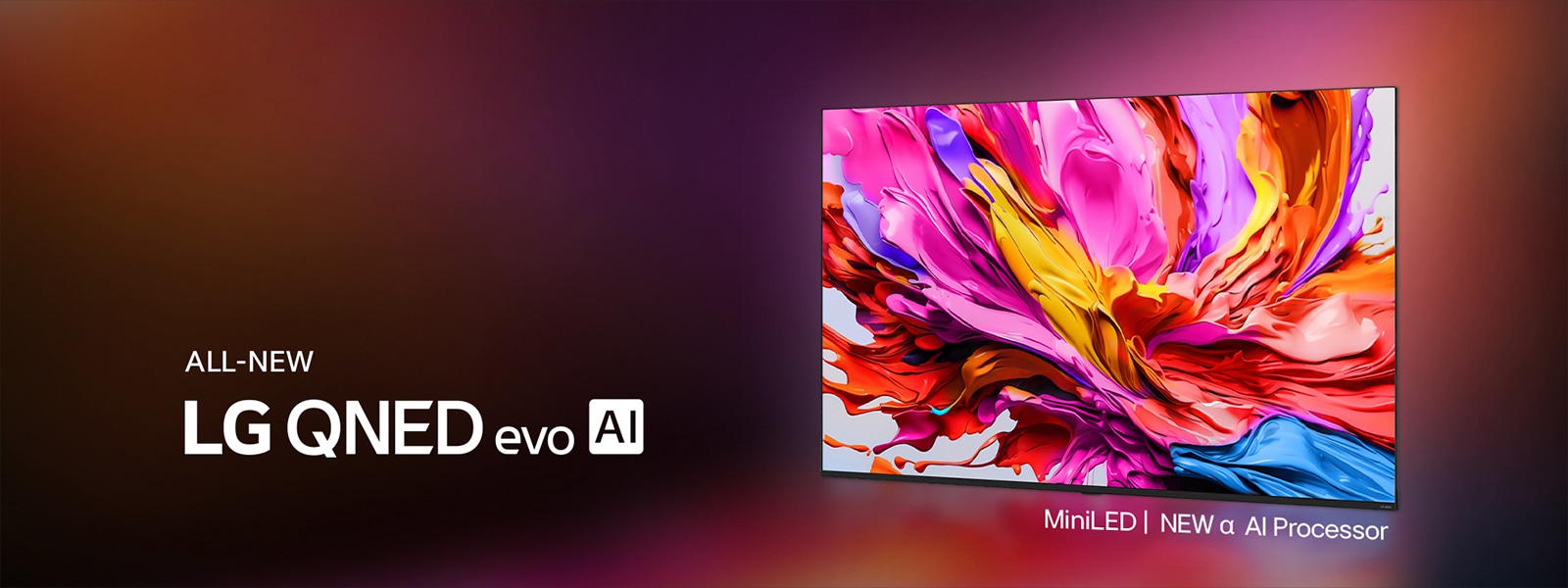 تلفزيون LG QNED TV على خلفية داكنة ملونة. يوجد على الشاشة عمل فني ساطع وملون يعرض تقنية ألوان QNED والقدرة على عرض مجموعة واسعة من درجات الألوان بتباين رائع. يتوفر شعار تلفزيون LG QNED evo AI الجديد كليا. مع ترجمة تشير إلى معالج الذكاء الاصطناعي الجديد من MiniLED ومعالج alpha AI processor الجديد من QNED. العنوان: ألوان بحلة جديدة، وتجربة تنبض بالحياة.