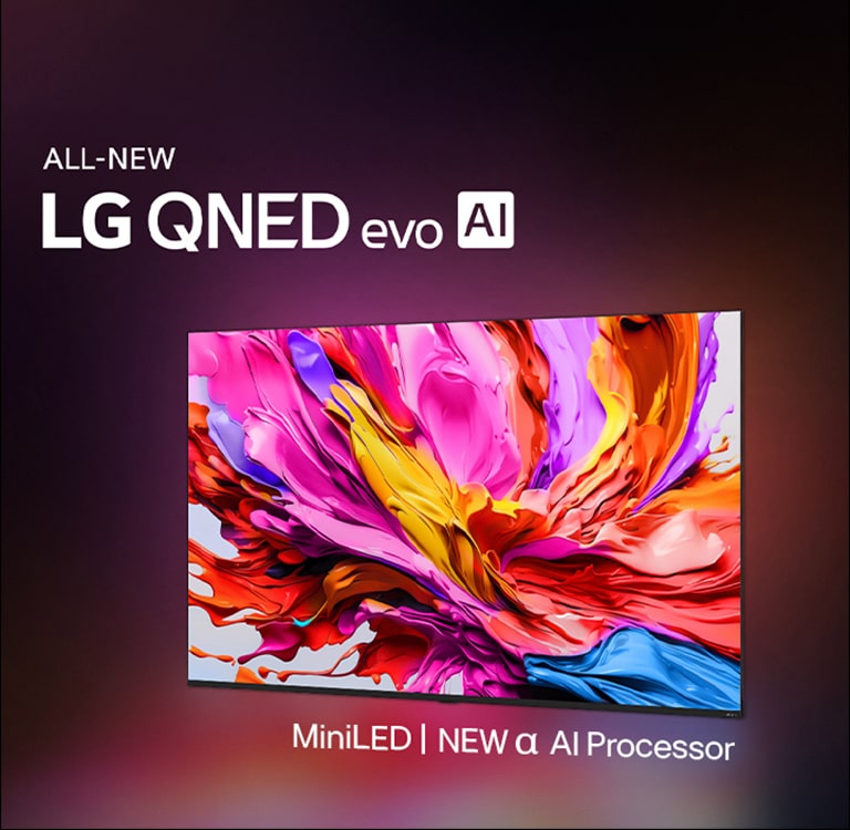 تلفزيون LG QNED TV على خلفية داكنة ملونة. يوجد على الشاشة عمل فني ساطع وملون يعرض تقنية ألوان QNED والقدرة على عرض مجموعة واسعة من درجات الألوان بتباين رائع. يتوفر شعار تلفزيون LG QNED evo AI الجديد كليا. مع ترجمة تشير إلى معالج الذكاء الاصطناعي الجديد من MiniLED ومعالج alpha AI processor الجديد من QNED. العنوان: ألوان بحلة جديدة، وتجربة تنبض بالحياة.