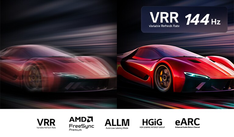 صورتان لسيارة في لعبة فيديو جنبًا إلى جنب. تُظهر إحداها الكثير من عدم وضوح الحركة. والأخرى حادة وموضوعية تُوضِّح معدل الإطارات العالي لتلفزيون LG QNED TV. يوجد شعار VRR وشعار 144Hz في الزاوية اليمنى العلوية. 