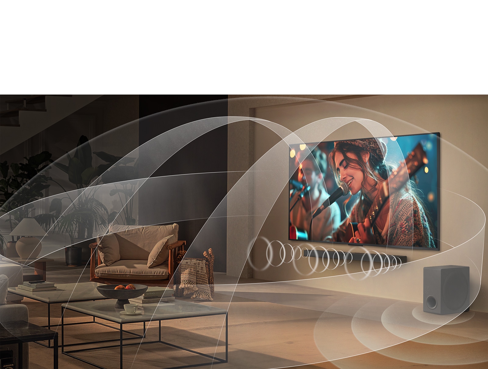غرفة معيشة مع تلفزيون LG QNED TV ومكبر الصوت LG Soundbar مع رسومات توضح كيف يملأ كلا الجهازين المساحة بصوت متعدد الأغراض.