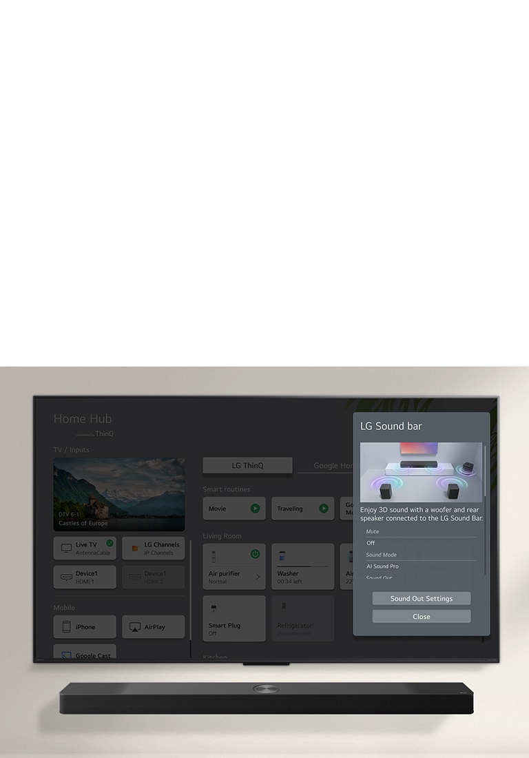 LG Soundbar is below an LG QNED TV. On the TV يظهر مكبر الصوت LG Soundbar أسفل تلفزيون LG QNED TV. توجد على شاشة التلفزيون واجهة المستخدم الخاصة بمفاتيح التحكم في مستوى صوت التلفزيون ومكبر الصوت Soundbar. is the UI for the soundbar and TV volume controls. 