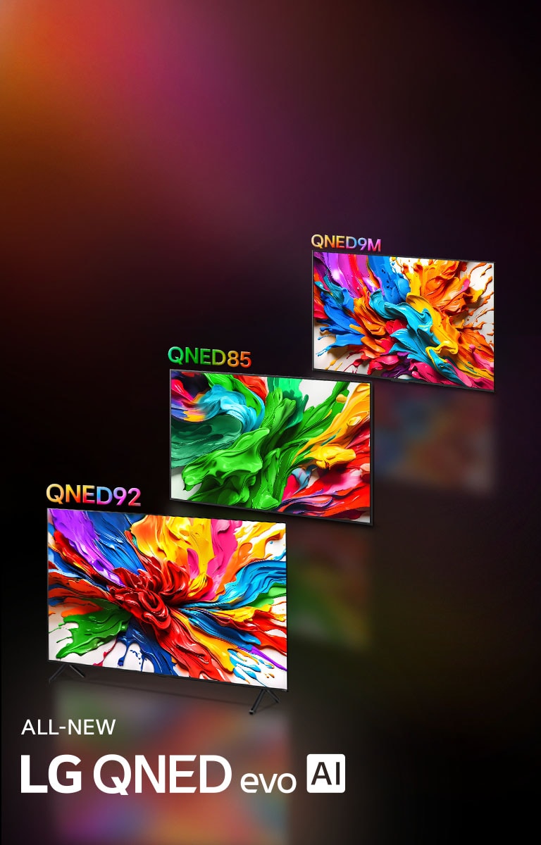 تظهر أجهزة تلفزيون LG QNED92 وLG QNED85 إلى جوار بعضها البعض. يوجد عمل فني ملون يسلط الضوء على تقنية إعادة إنتاج الألوان الحيوية الجديدة من LG QNED على شاشاتها. يتوفر أيضًا شعار تلفزيون LG QNED evo AI الجديد كليا.