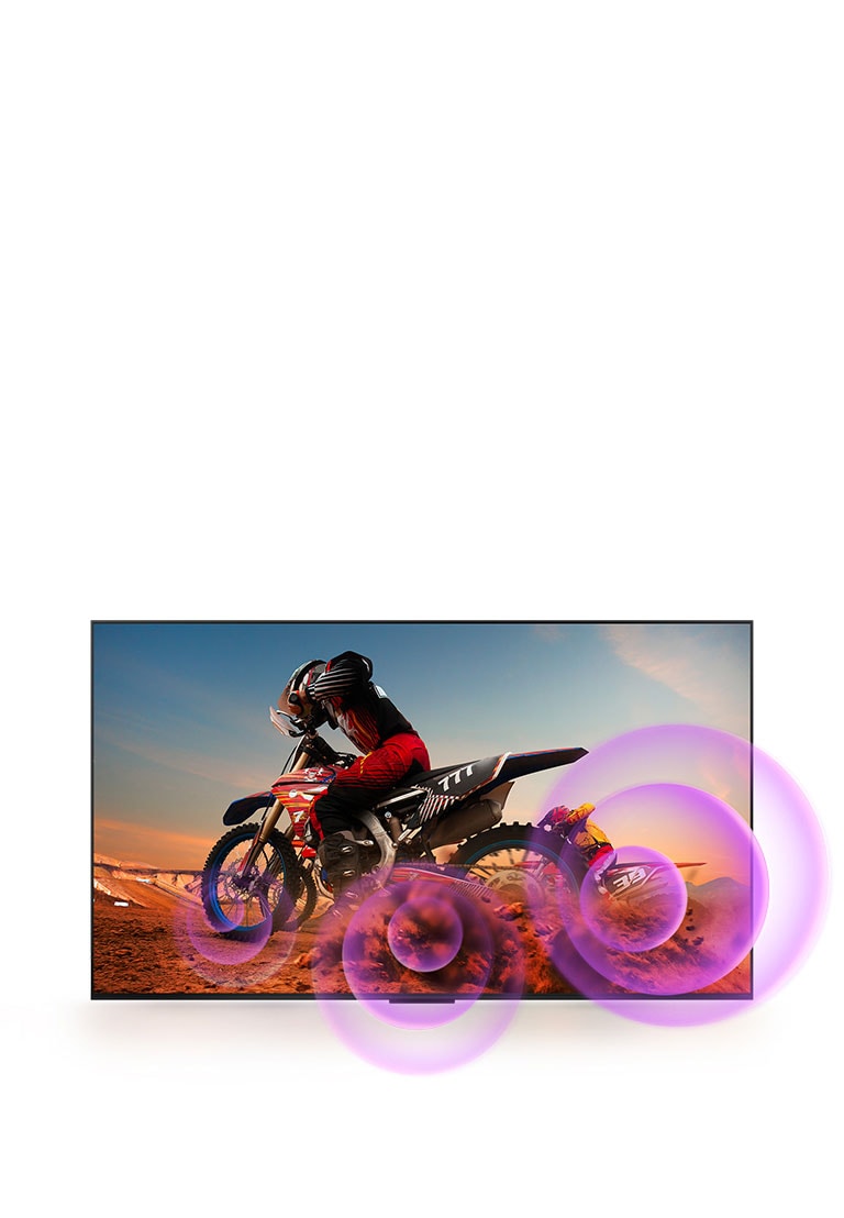 يعرض تلفزيون LG QNED TV رجلاً على دراجة نارية مع دوائر تجريدية أرجوانية تخرج من العجلة لتصور انبعاث الصوت.
