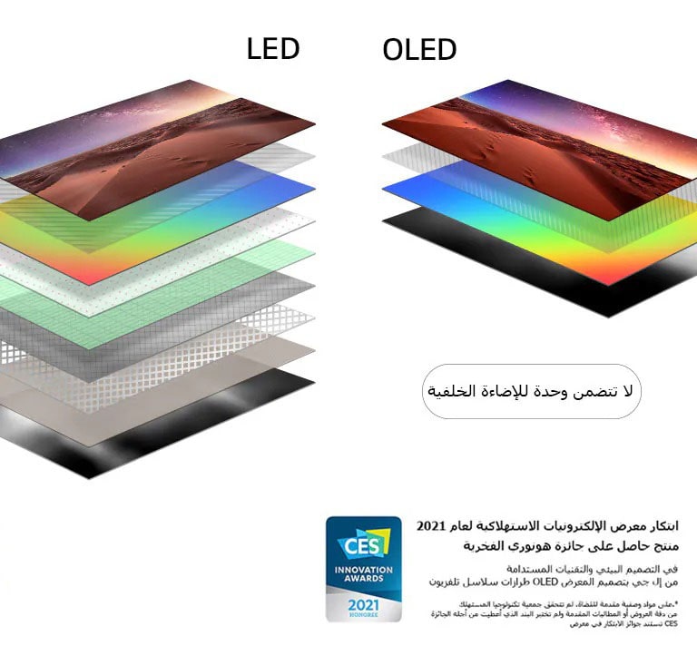 مقارنة بين تكوين طبقة شاشة تلفزيونات LED بتقنية الإضاءة الخلفية وتلفزيونات OLED التي تعمل بتقنية الإضاءة الذاتية (تشغيل الفيديو)
