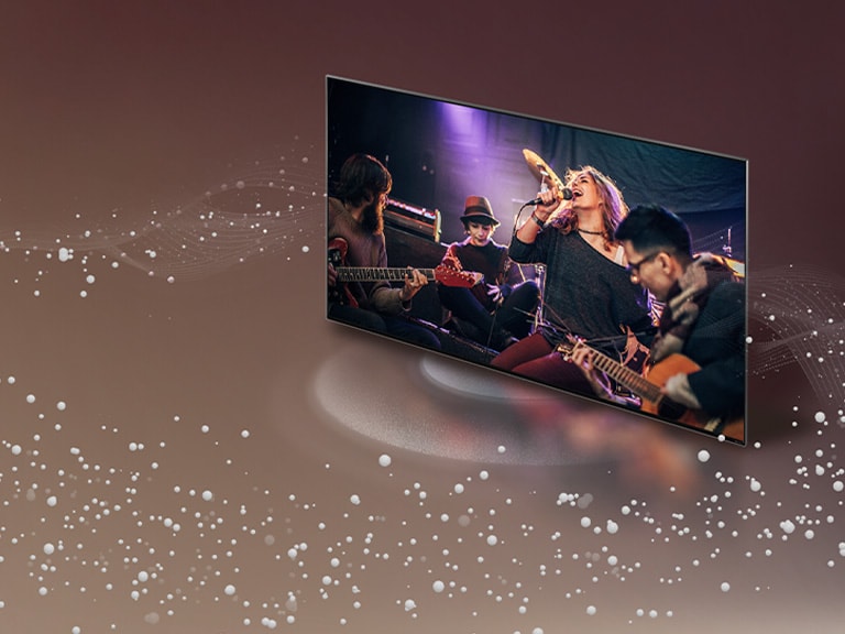 صورة لتلفزيون LG TV حيث تنبعث فقاعات تمثل الصوت والموجات من الشاشة وتملأ المساحة.