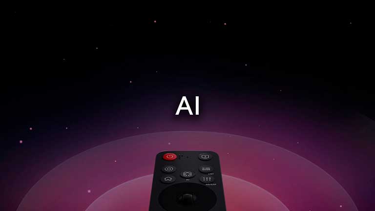 جهاز التحكم LG AI Magic Remote على خلفية تجريدية. يتم تمييز أيقونة زر AI. يوجد تمثيل رسومي لواجهة المستخدم مع رموز توضح كيف يتيح زر الذكاء الاصطناعي (AI) للمستخدمين الوصول إلى وظائف الذكاء الاصطناعي المختلفة. تشمل الخدمات AI Voice ID، وAI Search، وAI Chatbot، وAI Concierge، وAI Picture Wizard، وAI Sound Wizard. يتم بعد ذلك عرض وظيفة تشبه الماوس عندما يظهر المؤشر على واجهة، مما يوضح كيف يوفر جهاز التحكم عناصر تحكم مبسطة.