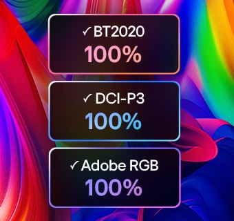 تملأ شاشة LG Micro RGB evo AI MRGB95 ذات التغطية اللونية الثلاثية المعتمدة بنسبة 100% الشاشة بتدرجات غنية ومتدفقة من اللون الأحمر والأخضر والأزرق، مما يوفر تغطية بنسبة 100% لمعايير BT2020 وDCI-P3 وAdobe RGB. 