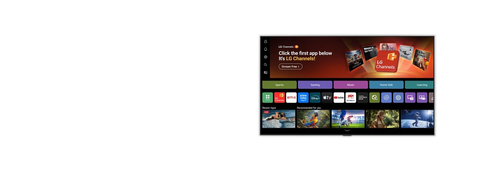 تنتقل الشاشة الرئيسية لتلفزيون LG Micro RGB evo AI MRGB95 إلى واجهة قنوات LG Channels، لعرض قنوات تلفزيونية مباشرة وأفلام مجانية ومحتوى حصري. يسلط الفيديو الضوء على الوصول المباشر إلى مئات خيارات الترفيه. 