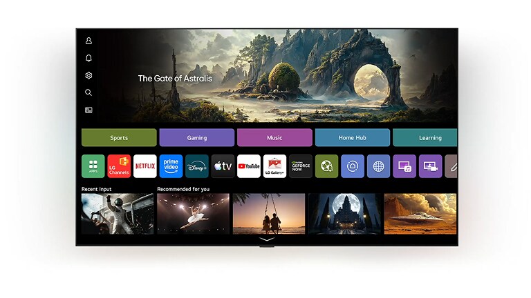 يعرض تلفزيون LG NANO 4K UHD AI NU85 المزود بتقنية AI Voice ID مع My Page شاشة webOS الرئيسية مع توصيات مخصصة للمستخدم النشط.
