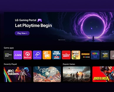 يتميز LG NANO 4K UHD AI NU85 بوابة LG Gaming Portal بتصميم مركز ألعاب، يجمع بين المحتوى المميز ومربعات الألعاب في واجهة موحدة تتوسع لتوفر الوصول إلى Xbox Cloud Gaming، وGeForce NOW وتطبيقات ألعاب webOS.
