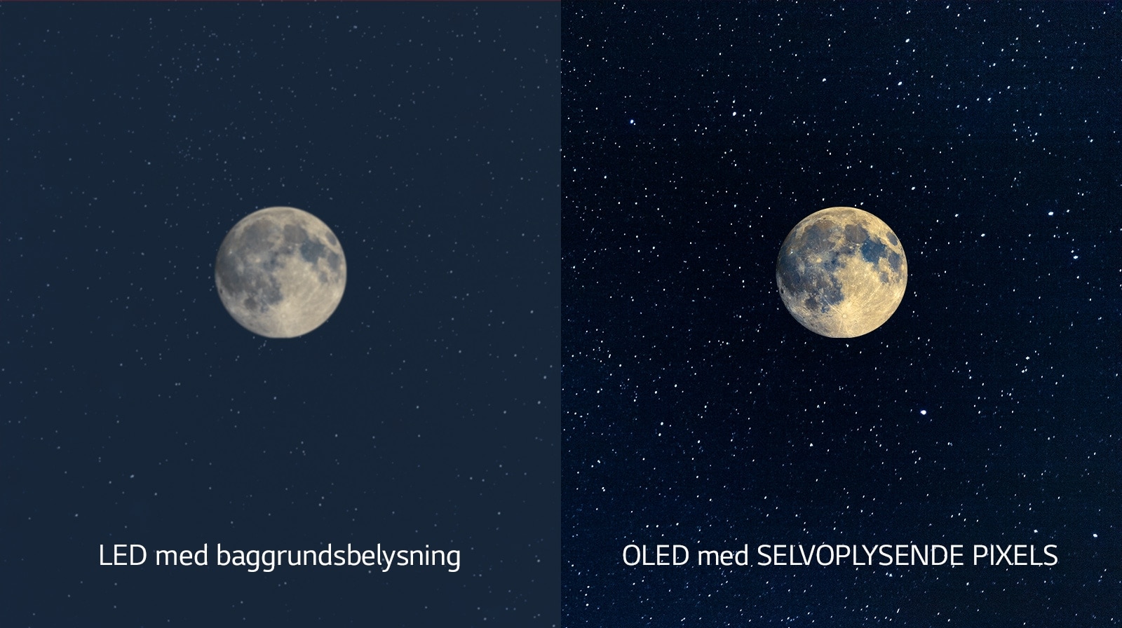 مشهد يوضح القمر، على تلفزيون LED بالجانب الأيسر مع لون أسود غير واضح وتلفزيون OLED على اليمين بلون أسود مثالي (تشغيل الفيديو)