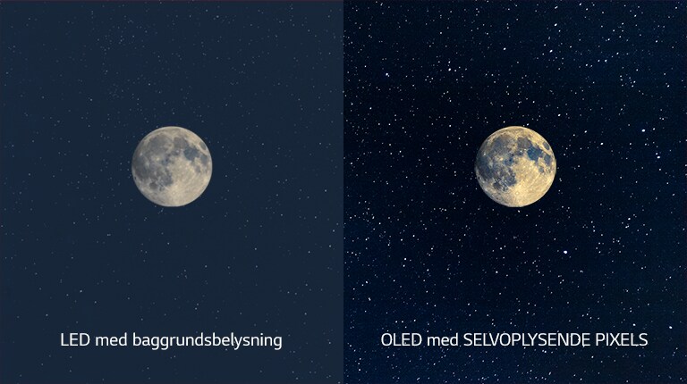 مشهد يوضح القمر، على تلفزيون LED بالجانب الأيسر مع لون أسود غير واضح وتلفزيون OLED على اليمين بلون أسود مثالي (تشغيل الفيديو)