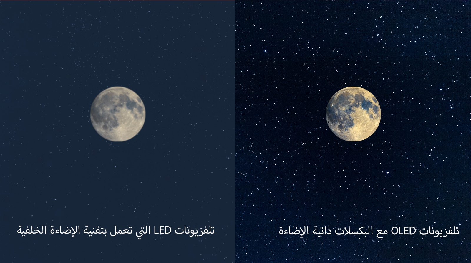 مشهد يوضح القمر، على تلفزيون LED بالجانب الأيسر مع لون أسود غير واضح وتلفزيون OLED على اليمين بلون أسود مثالي (تشغيل الفيديو)