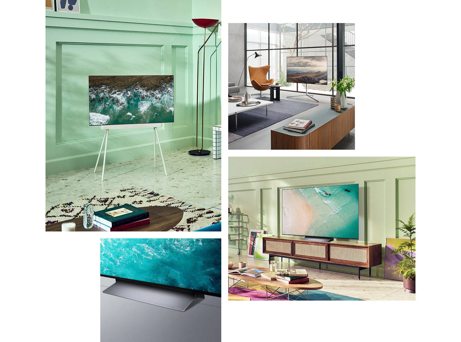 تلفزيون LG OLED C2 مع حامل أرضي في زاوية غرفة بلون النعناع. تلفزيون OLED C2 من LG مع حامل معرض أمام نافذة كبيرة في غرفة حديثة. تلفزيون OLED C2 من LG موضوع على خزانة تلفزيون عتيقة في غرفة ذات لون أخضر ليموني مع مفروشات وفنون ملونة. منظر بزاوية عن قرب لقاعدة تلفزيون OLED C2 من LG.