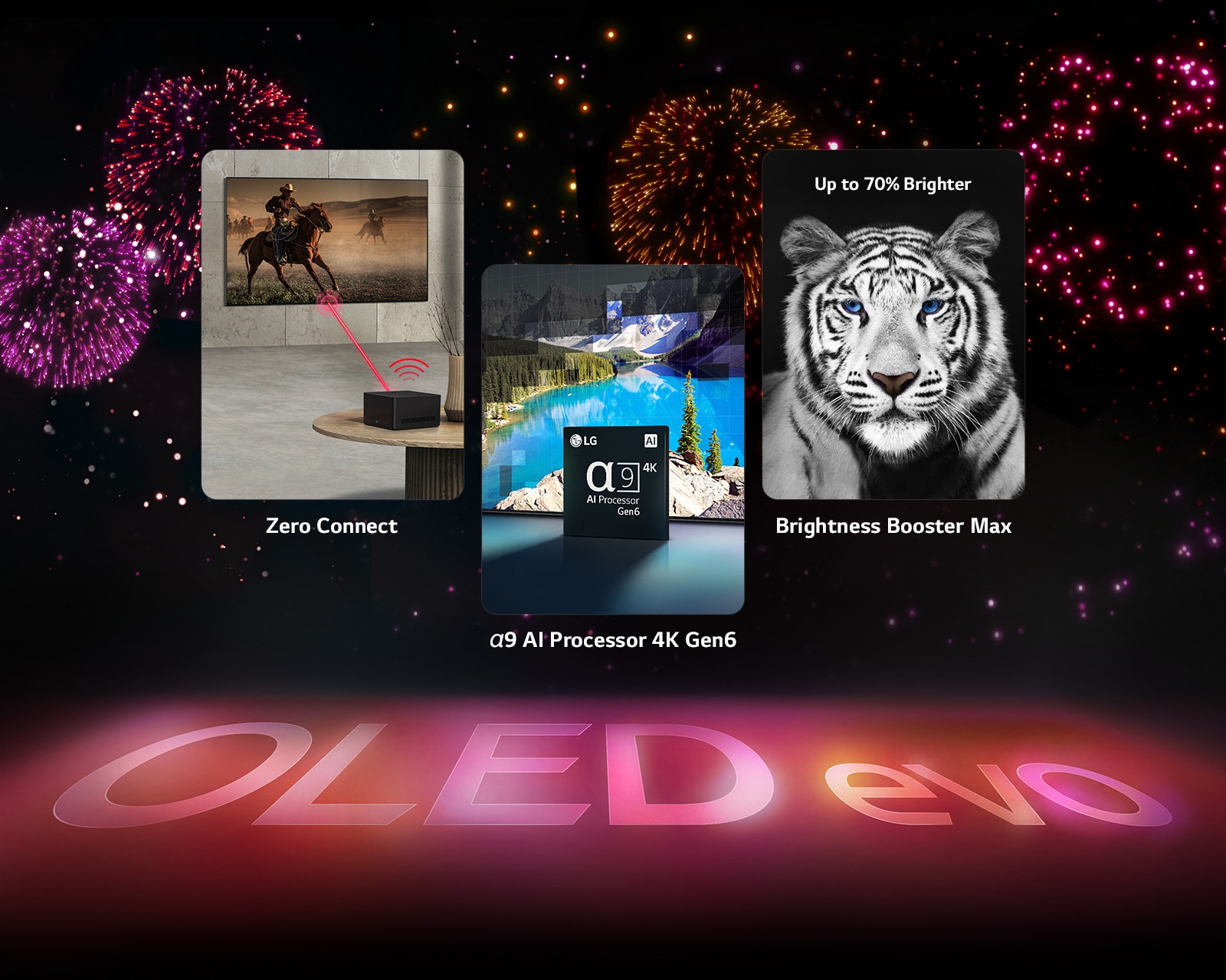 صورة تُظهر الميزات الأساسية لتلفزيون LG OLED evo M3 ومن ورائه خلفية سوداء وتعرض شاشته ألعاب نارية باللونين الوردي والبنفسجي. الانعكاس الوردي من الألعاب النارية يظهر عبارة "OLED evo" على الأرض. داخل الصورة، ثمة صورة تُظهر Zero Connect OLED M3 على جدار غرفة رمادية مع Zero Connect Box الذي ينقل الصورة لاسلكيًا. تظهر صورة لمعالج α9 AI Processor 4K Gen6 حيث تَظهَر الشريحة واقفة أمام صورة مشهد بحيرة يتم إعادة تكوينها باستخدام تقنية المعالجة. صورة تقدم Brightness Booster Max حيث يظهر نمر مع تباين عميق وبياض ساطع.
