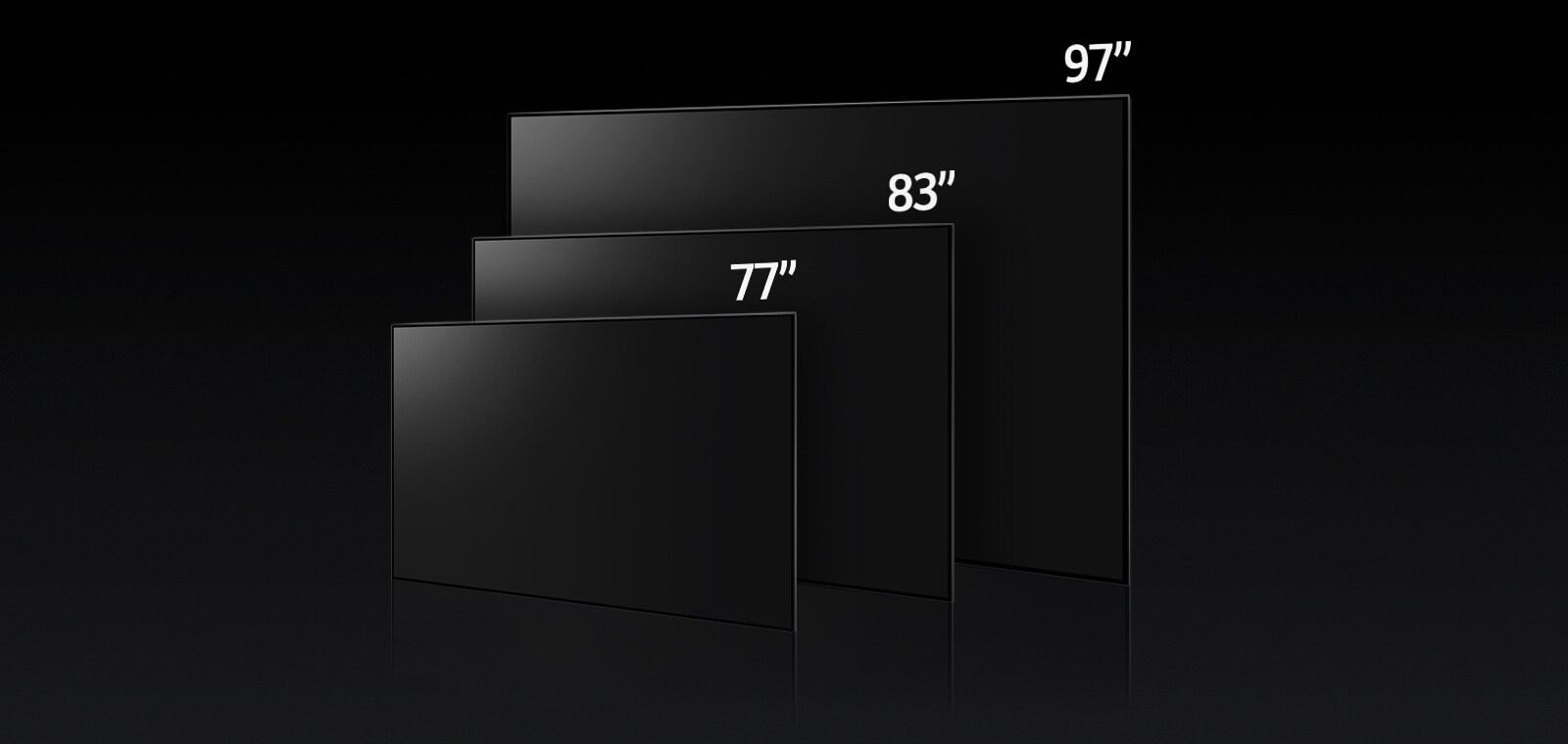 صورة تبين المقارنة بين المقاسات والأحجام المتنوعة لتلفزيون LG OLED G3 تعرض 55 بوصة و65 بوصة و77 بوصة و83 بوصة و97 بوصة.