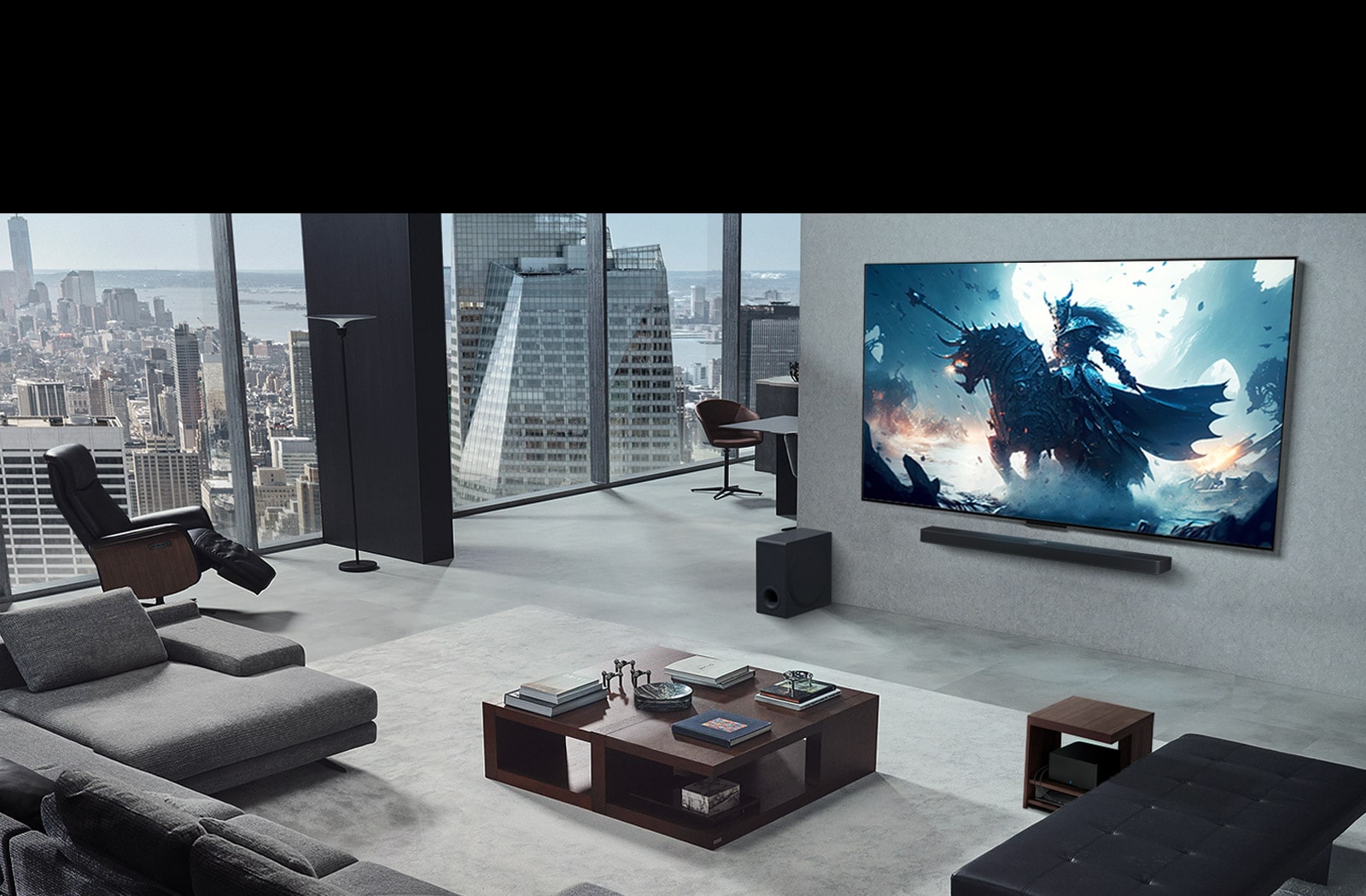 غرفة معيشة مع شخص يلعب لعبة فيديو على تلفزيون LG True Wireless TV المثبت على الحائط ومكبر الصوت LG Soundbar. يحمل وحدة تحكم في يده، ولكن وحدة الألعاب غير مرئية مباشرةً. كما لا توجد أسلاك مرئية. يتم إبعاد صندوق Zero Connect Box، بالكاد يظهر تحت طاولة جانبية. 
