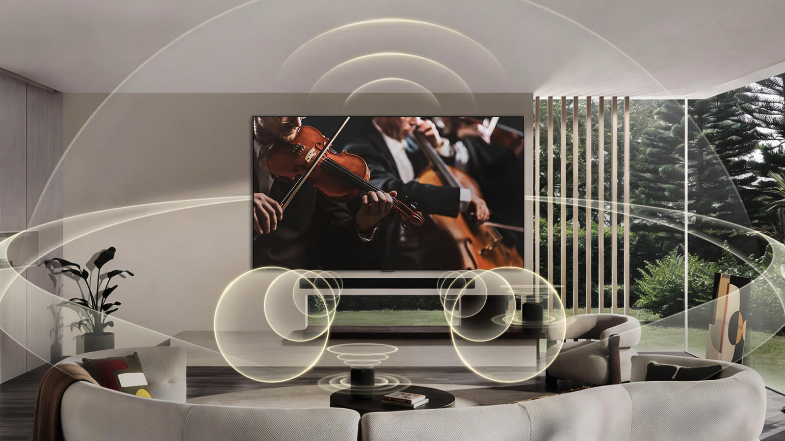 يعرض تلفزيون LG OLED evo AI C6 المزود بتقنيتي WOW Orchestra وWOWCAST مشهد حفل موسيقي مع مكبر صوت Soundbar أسفل الشاشة، بينما تمتد موجات صوتية رسومية عبر غرفة المعيشة لتجسيد صوت محيطي لاسلكي متزامن.