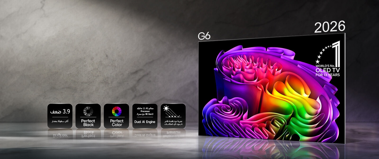 يعرض تلفزيون LG OLED evo AI G6، المدعوم بتقنية Hyper Radiant Color، صورة فنية تجريدية زاهية على الشاشة، مع أيقونات توضح: سطوعًا أقصى أعلى بمقدار 3.9 مرات، اللون الأسود المثالي، اللون المثالي، معالج alpha 11 AI 4K Gen3 ثنائي الذكاء، وتقنية Reflection-Free Premium.