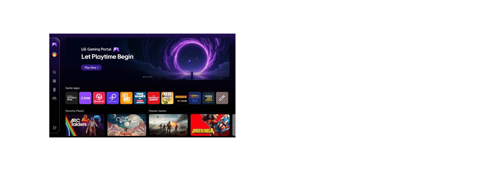 يعرض تلفزيون LG OLED evo AI G6 بوابة LG للألعاب على شاشة webOS، حيث تُعرض واجهة موحدة بخطوة واحدة تتيح الوصول إلى عدة تطبيقات ألعاب عبر خدمات الألعاب السحابية مثل NVIDIA GeForce NOW وتطبيقات webOS.