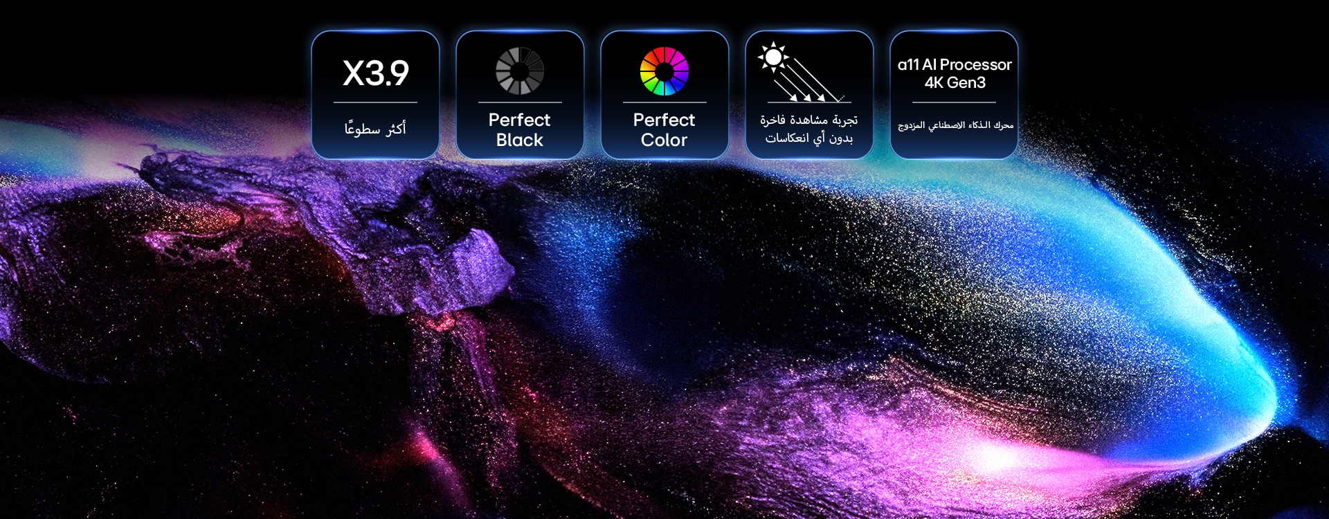 يعرض تلفزيون LG OLED evo W6 أيقونات على الشاشة لسطوع ذروة أكثر إشراقًا بمقدار 3.9x، وPerfect Black وPerfect Color، وReflection Free Premium، ومعالج alpha 11 AI Processor 4K Gen3 فوق مشهد كوني لانفجار من الجسيمات البنفسجية والزرقاء التي تُشكّل هيئة حوت.