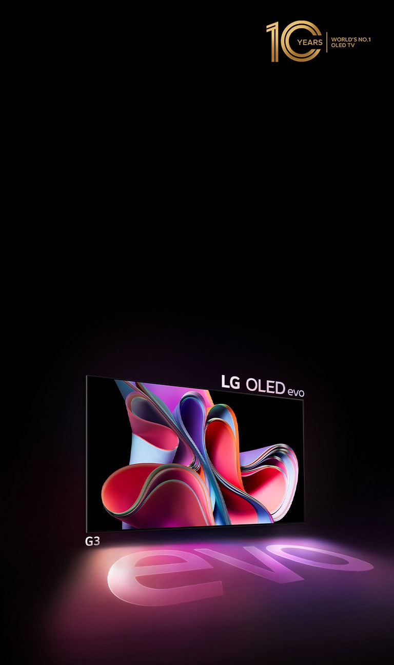 تلفزيون LG OLED G3 evo يشع سطوعًا وإشراقًا في مكان مظلم. وفي أعلى اليمين، يظهر شعار الاحتفال بالعيد السنوي العاشر لظهور تقنية OLED.